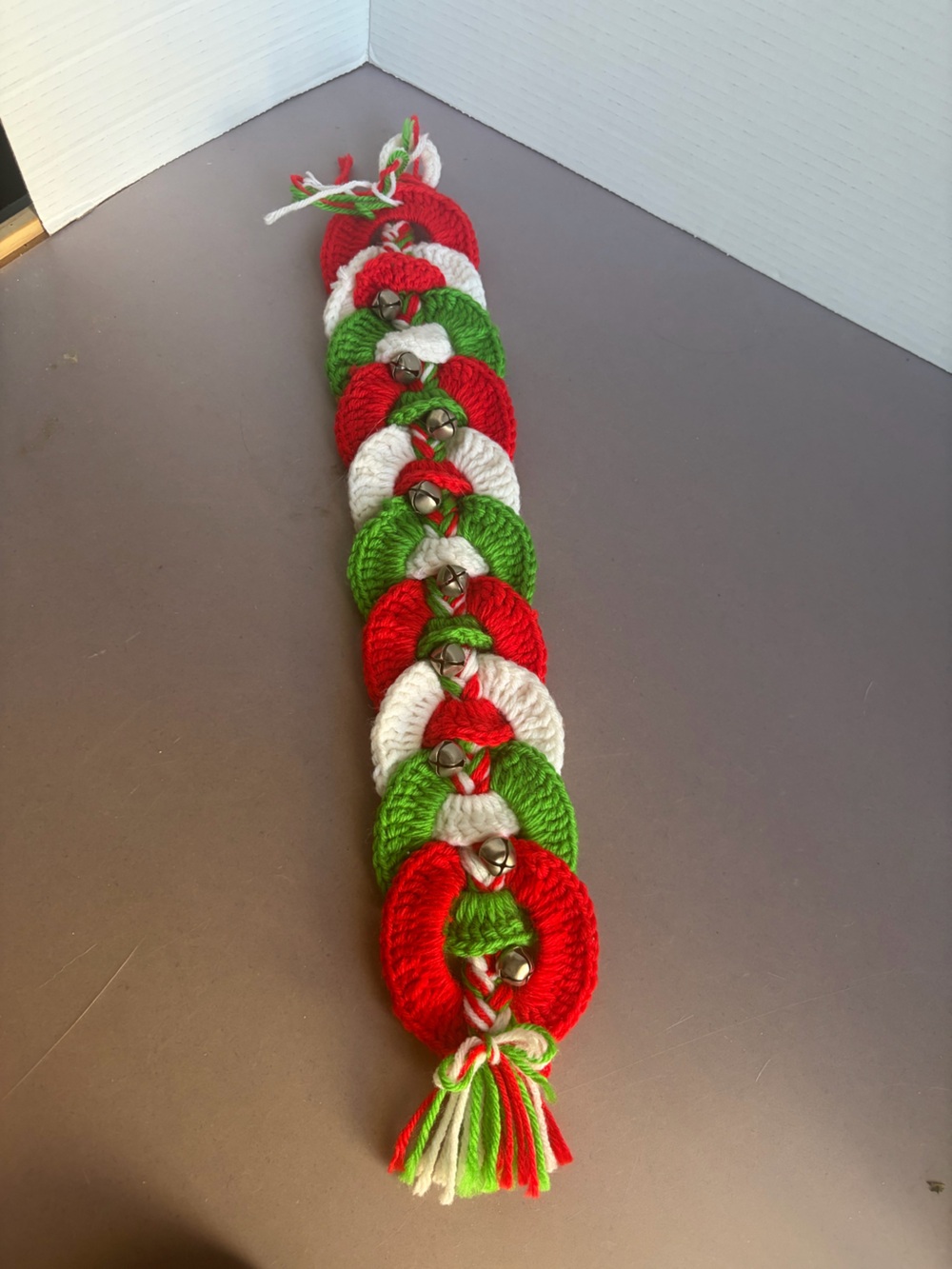 Festive Red, Green & White Crochet Decor with Jingle Bells
